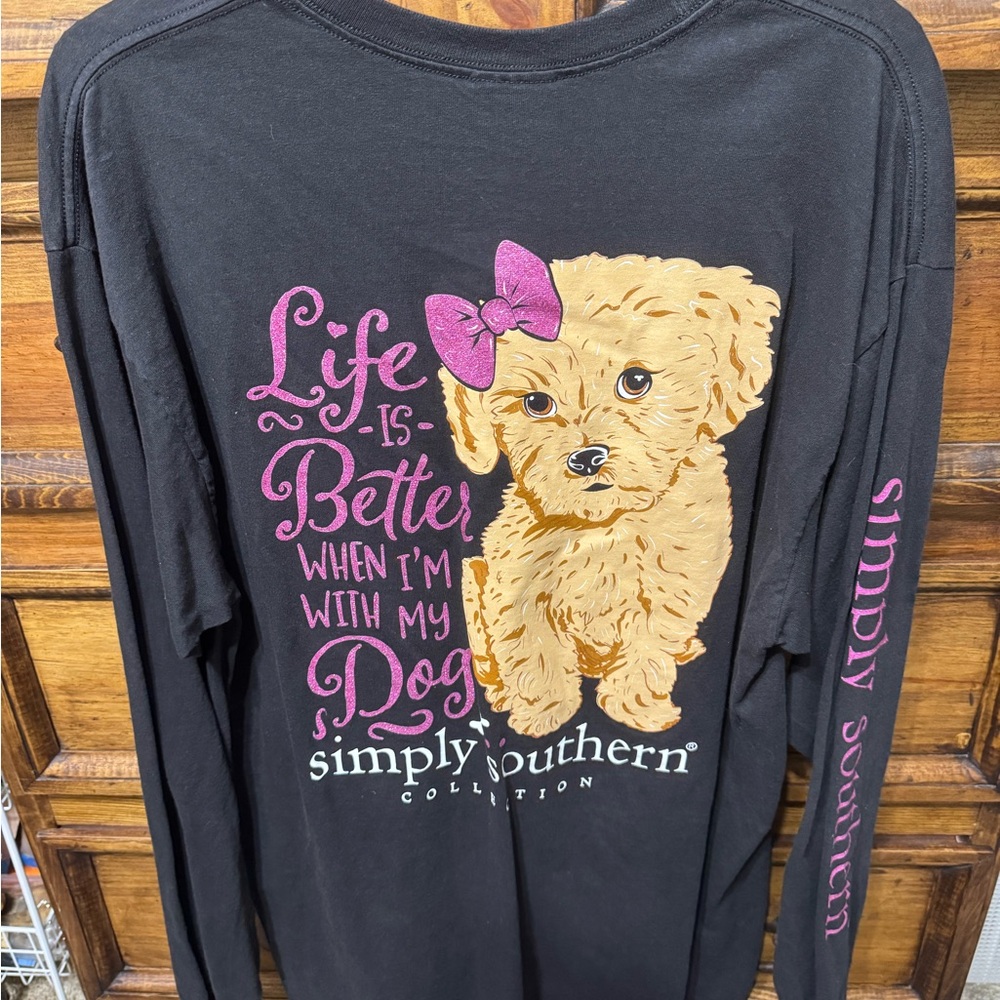 Simply Southern Black Tee with Dog and Pink Accents